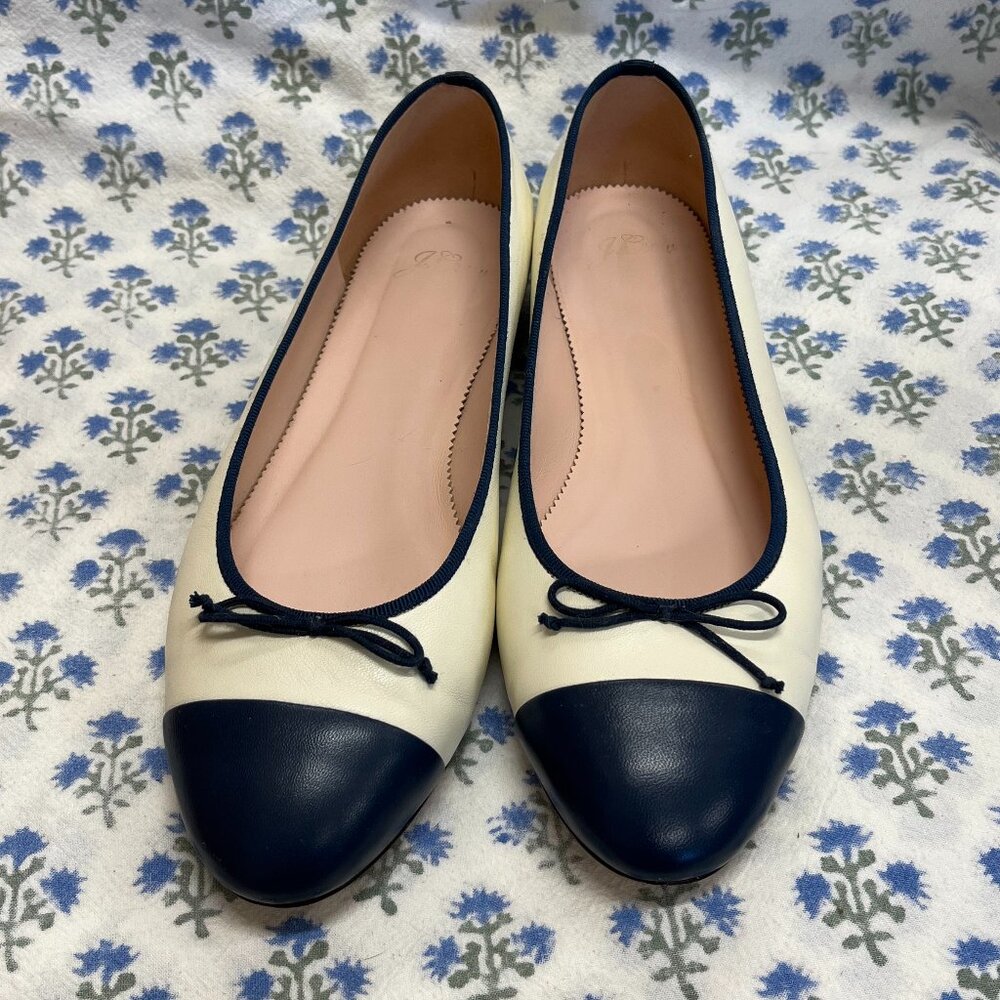 New J.Crew Kiki Ballet Flats Ivory & Navy Leather